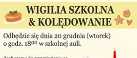 
Plakat na jasnym tle, poziome paski szare i żółte, symbole instrumentów oraz symbole potraw wigilijnych.
