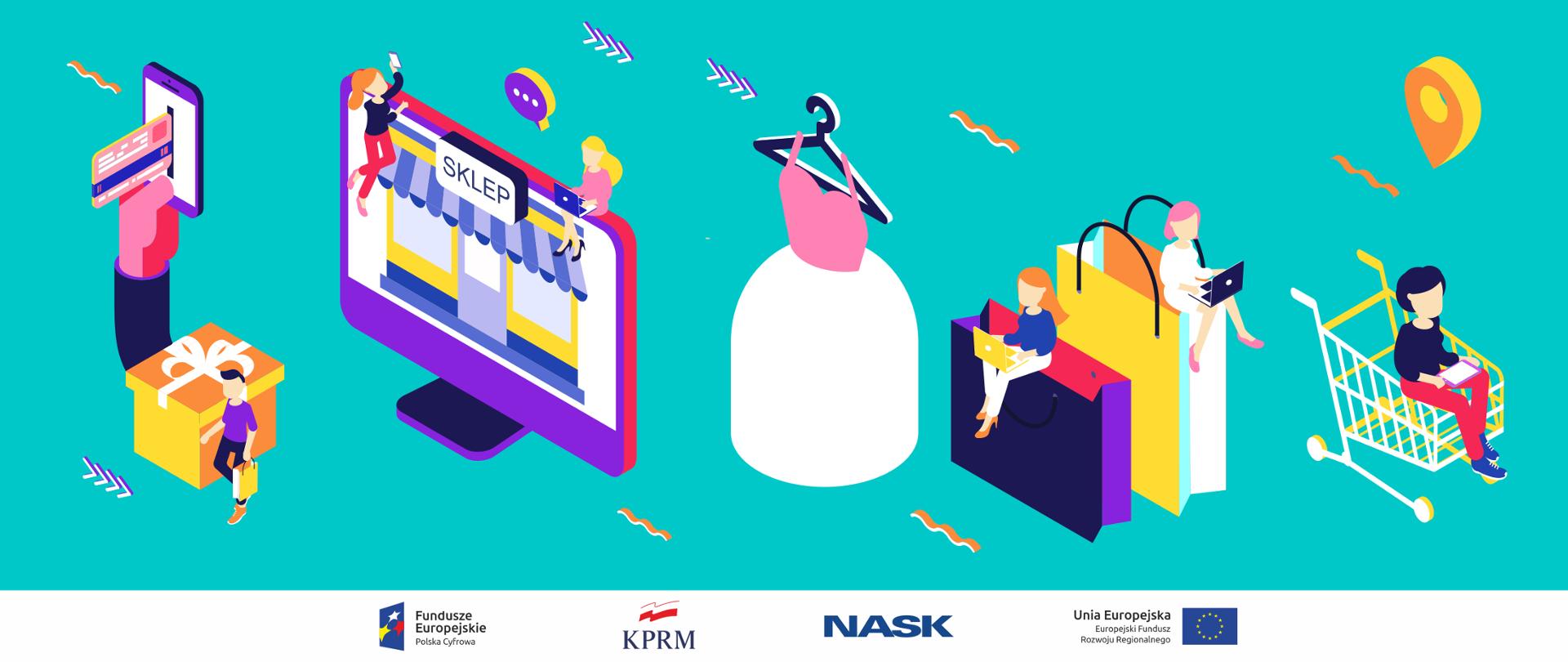 Grafika wektorowa - symbole zakupów internetowych na niebiesko-zielonym tle: komputer (na ekranie napis sklep), osoby z laptopami w dłoniach siedzące na zakupowych torbach, telefon komórkowy, karta kredytowa, itp.