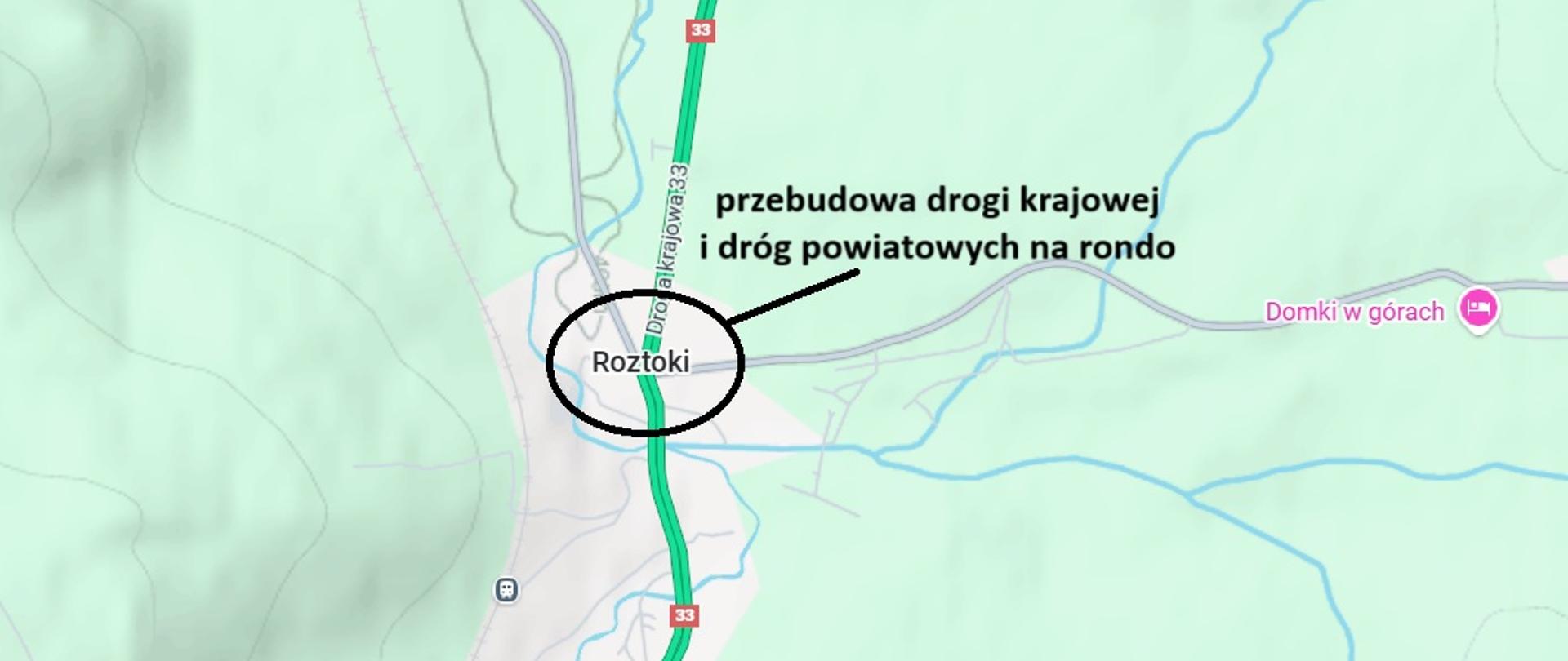 Poglądowa mapa z zaznaczeniem miejscowości Roztoki