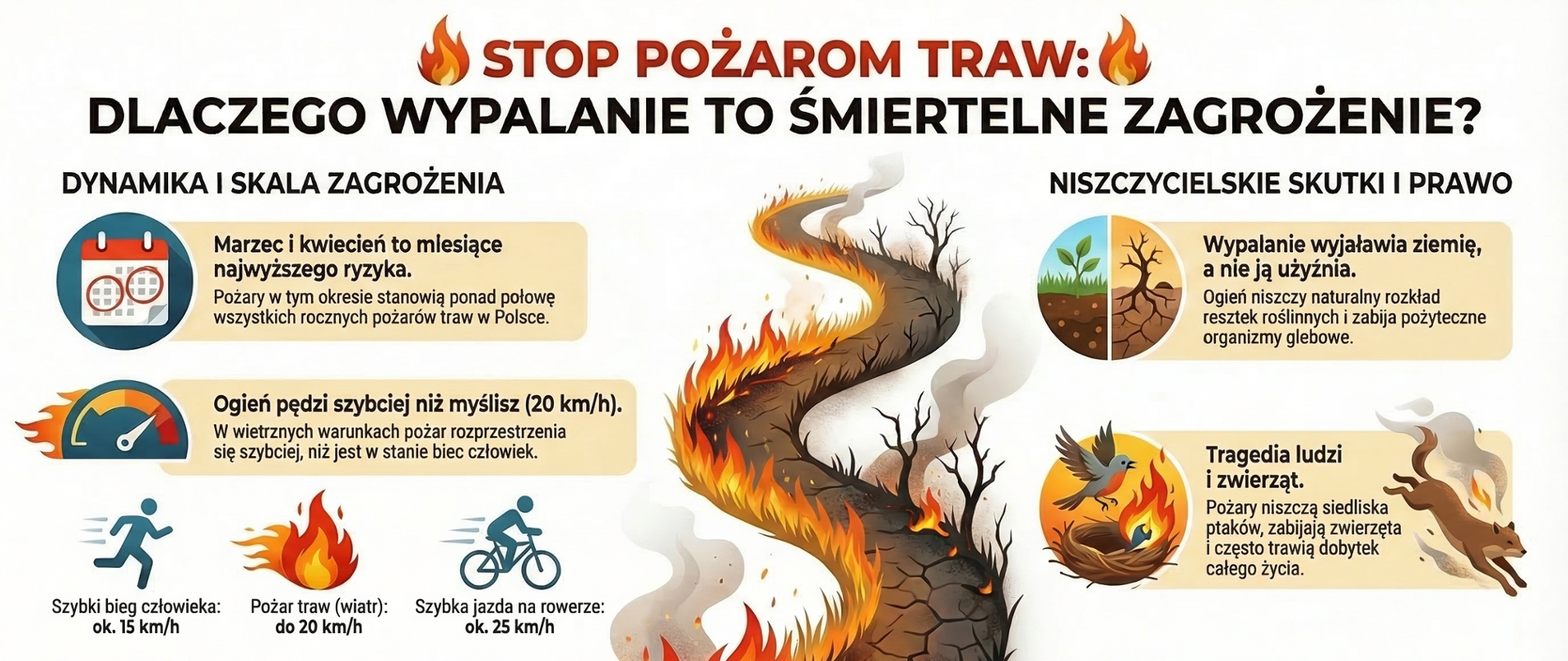 Na zdjeciu widoczna jest infografika informująca o zagrożeniach które niosą ze sobą pożary traw.