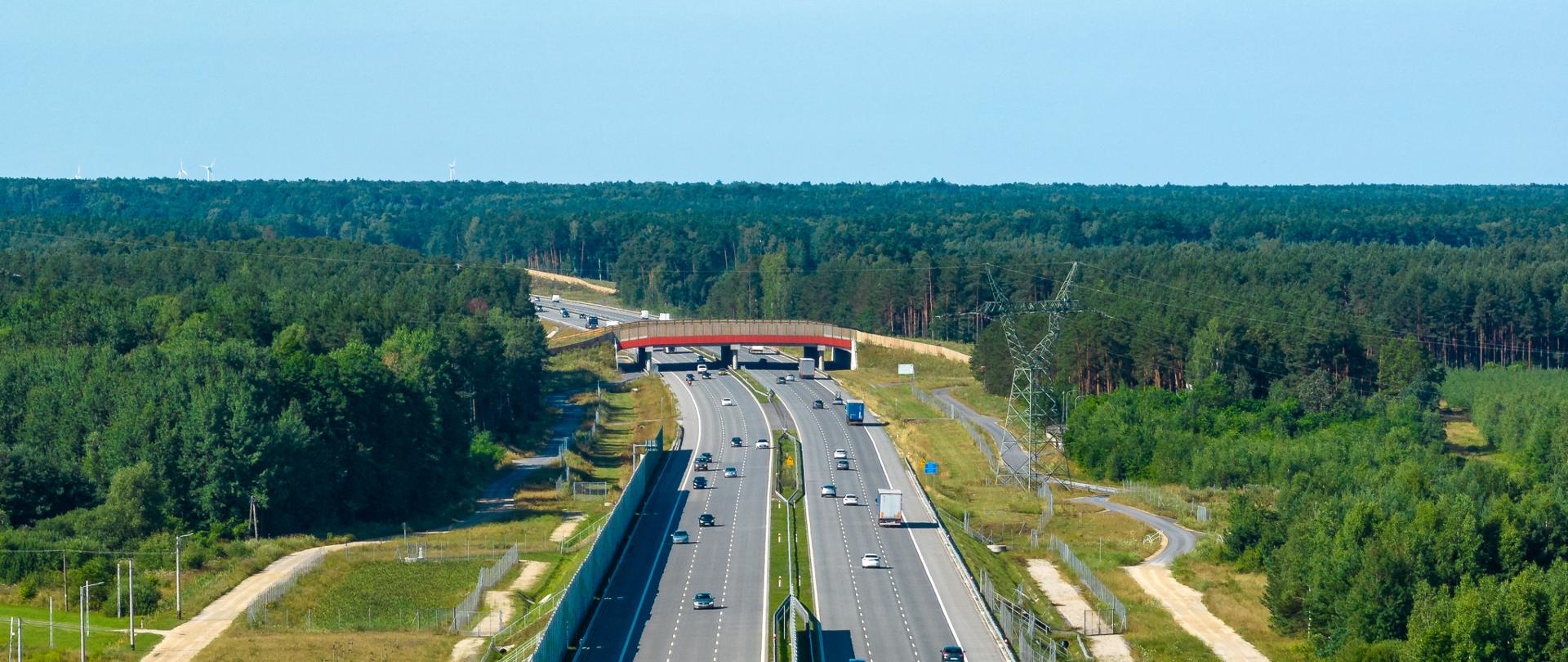 Ruch pojazdów na autostradzie A1 w okolicach Radomska. Trzy pasy ruchu w każdą stronę. Środkowej części zdjęcia nad autostradą znajduje się przejście dla zwierząt. Po obu stronach drogi rośnie gęsty las.