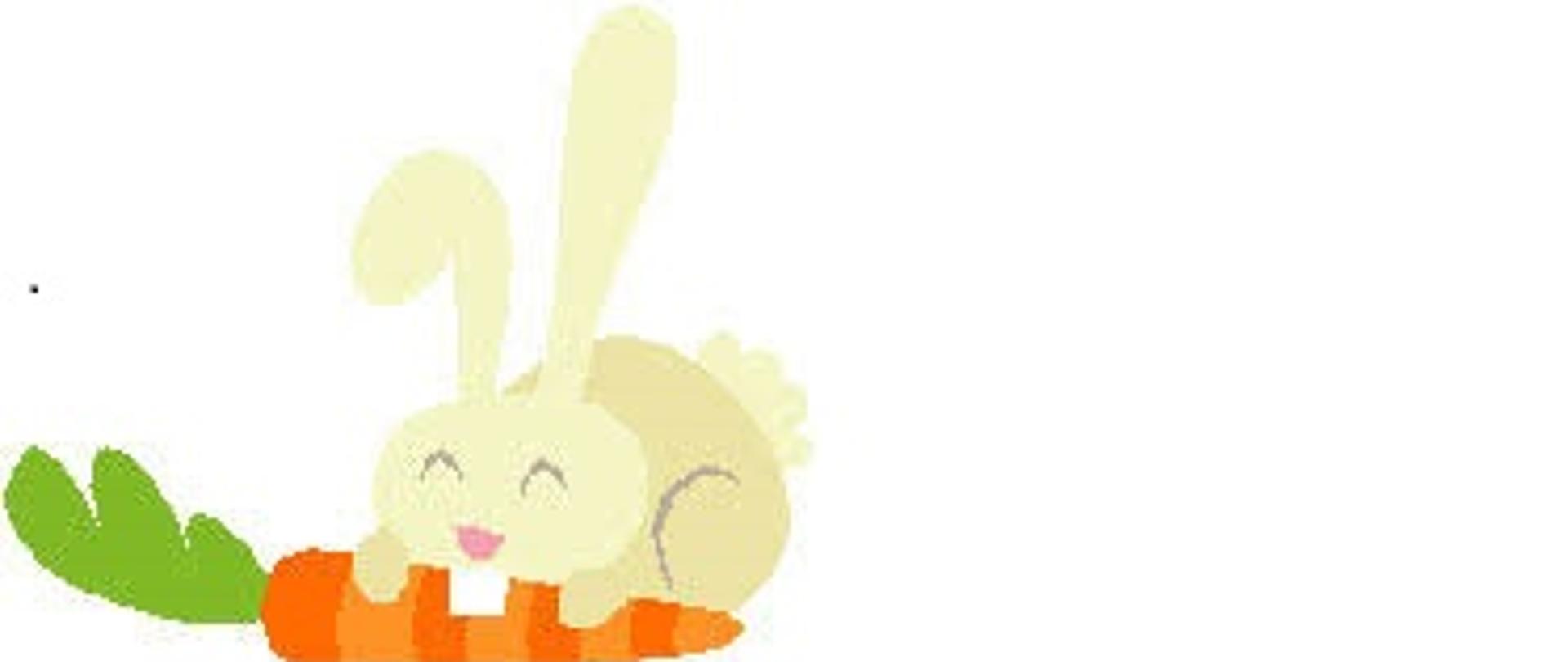Na rysunku widoczny królik na białym tle zajadający pomarańczową marchewkę z zieloną natką.