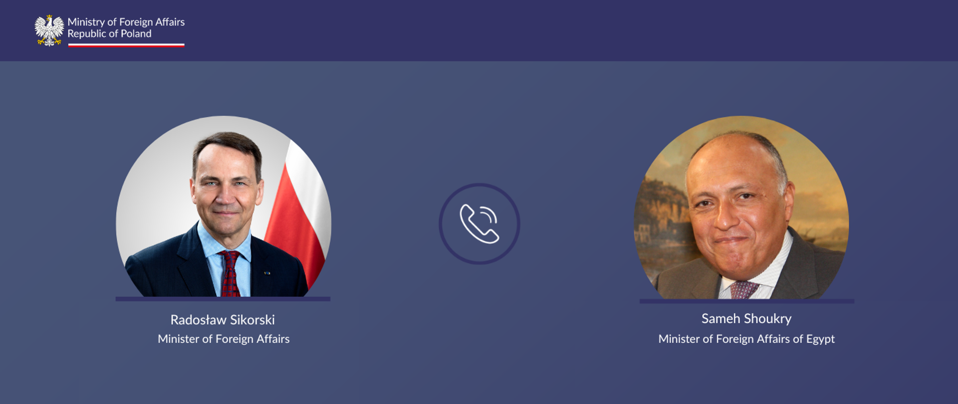 Photo of Minister Radosław Sikorski on the left, photo of Egyptian Foreign Minister Sameh Shoukrye on the right with a telephone handset between photographs.