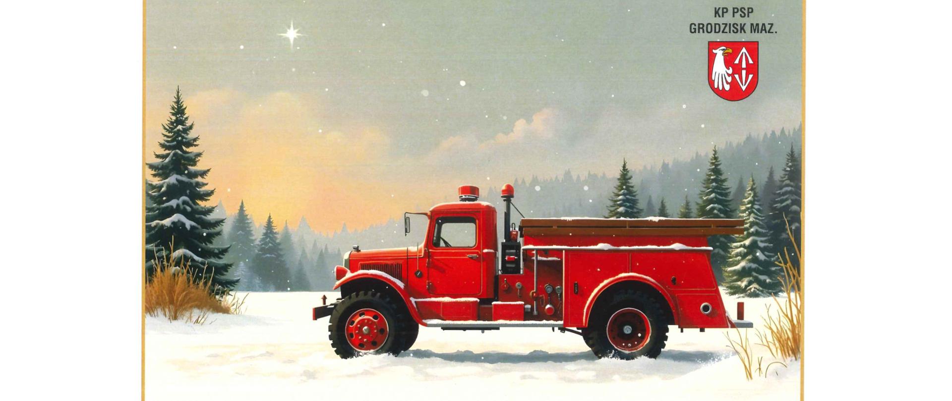 Rysunek starego zabytkowego samochodu pożarniczego na tle zimowego krajobrazu