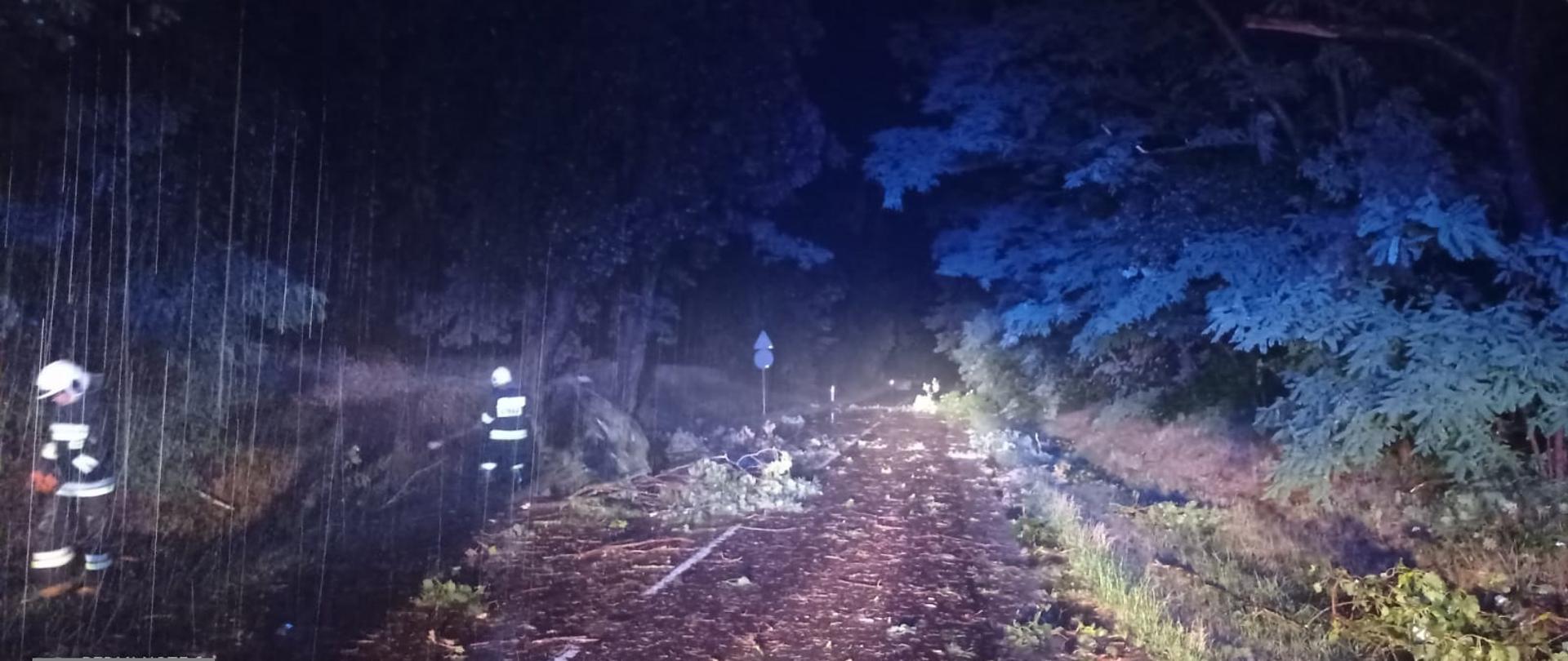 Droga przez las nocą. Na asfalcie lezy dużo połamanych gałęzi. Na poboczu strażacy z piłami przecinają powalone drzewo