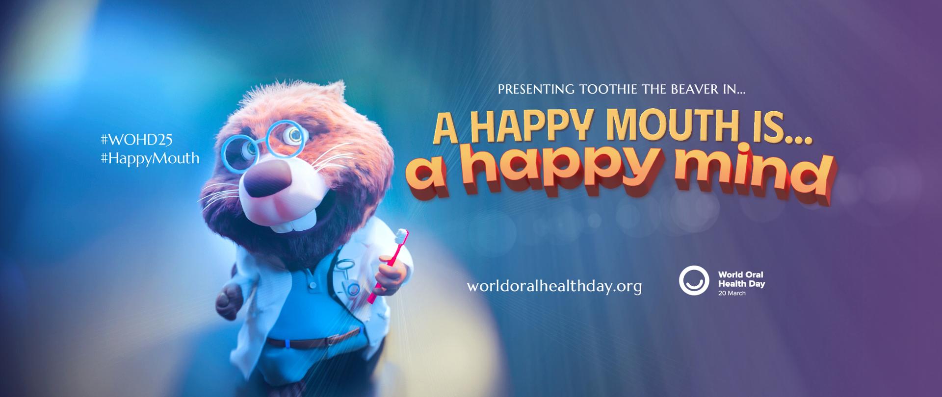 Bóbr na niebieskim tle z hasłem kampanii i napisem Światowy Dzień Zdrowi Jamy Ustnej 20 marca 2025