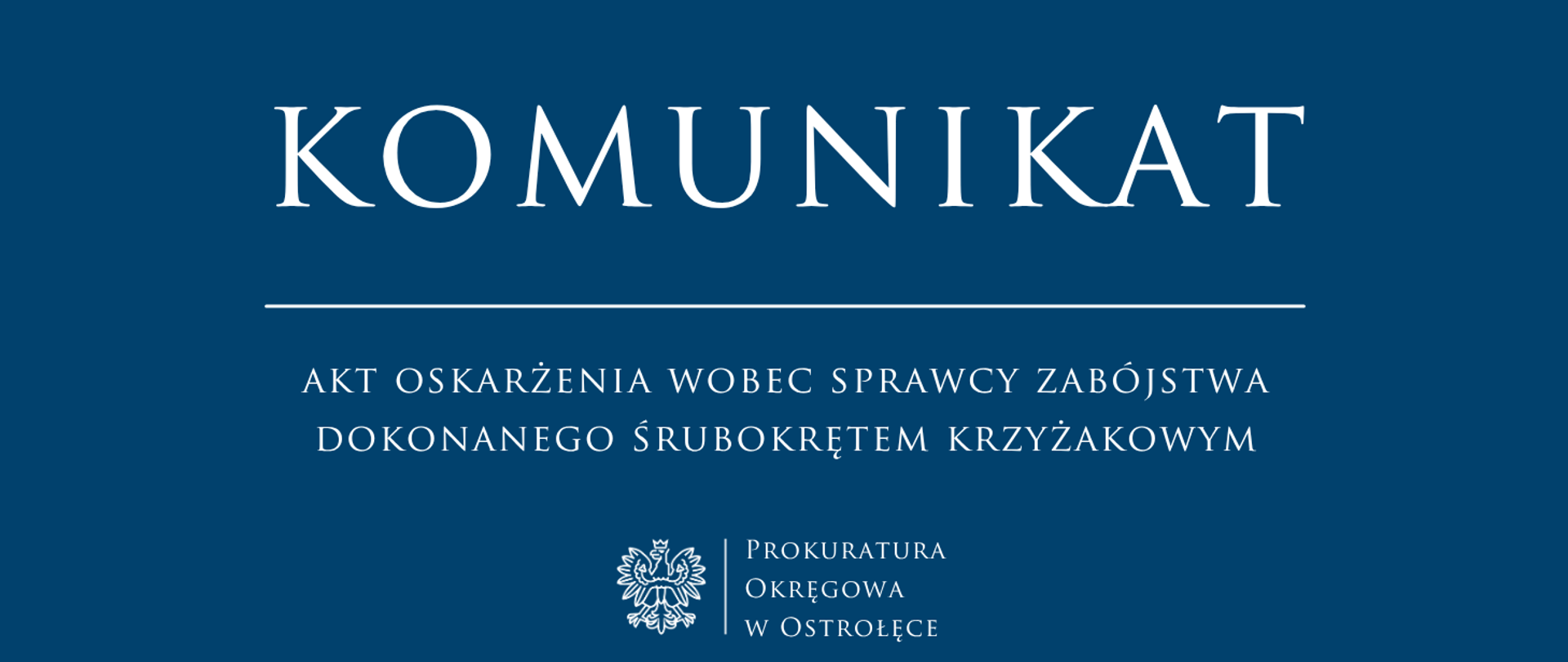 Biały napis komunikat akt oskarżenia wobec sprawcy zabójstwa dokonanego śrubokrętem krzyżakowym na niebieskim tle.