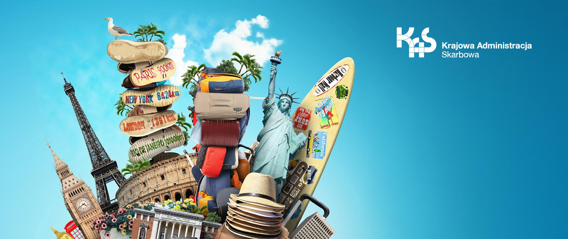 Na niebieskim tle logo KAS oraz grafika z deską surfingową, Statuą Wolności, Wieżą Eiffla, Big Ben, Koloseum, kapeluszami i plecakami - symbolami z różnych miejsc i kultur.