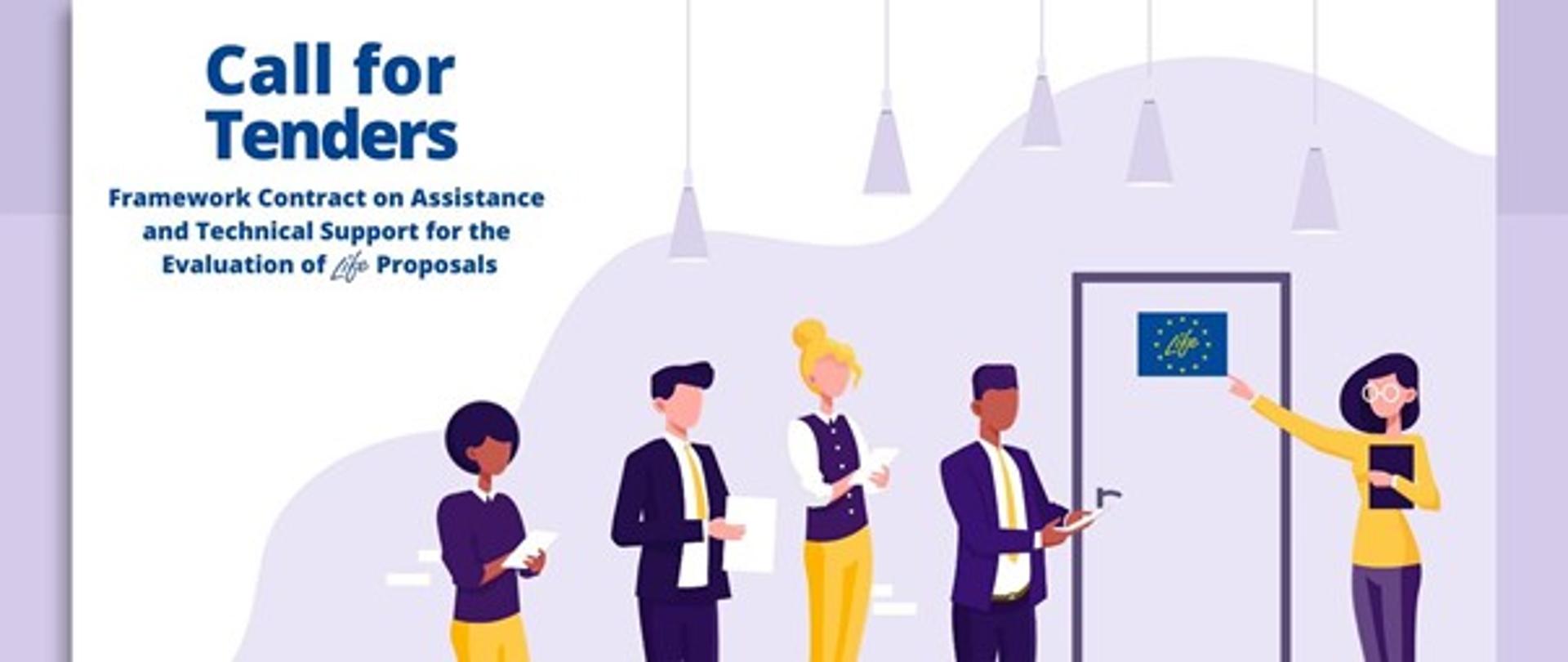 Grafika informacyjna, że Europejska Agencja Wykonawcza ds. Klimatu , Infrastruktury i Środowiska (CINEA) prowadzi postępowanie przetargowe na wyłonienie wykonawcy dla realizacji umowy ramowej dotyczącej pomocy i wsparcia technicznego dot. oceny wniosków LIFE