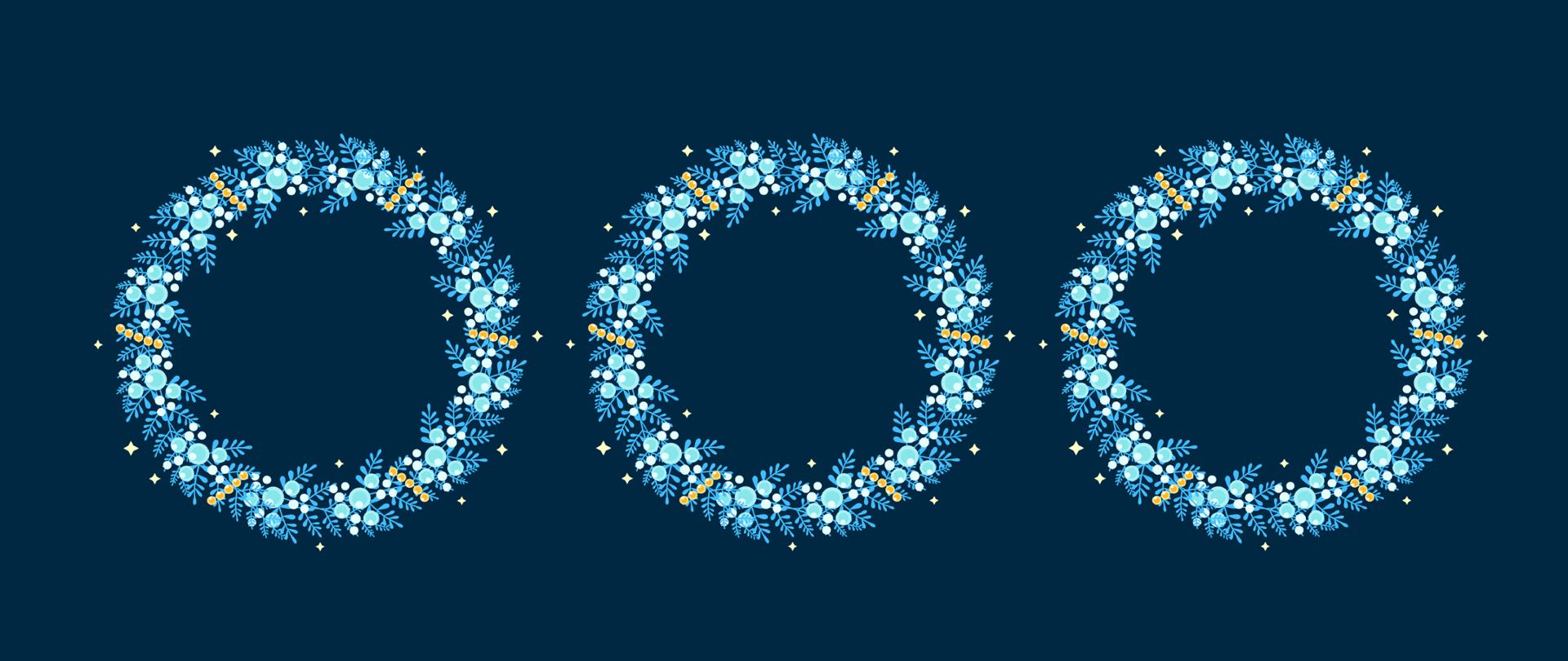 Trzy biało-niebiesko-żółte roślinne wianki na granatowym tle.