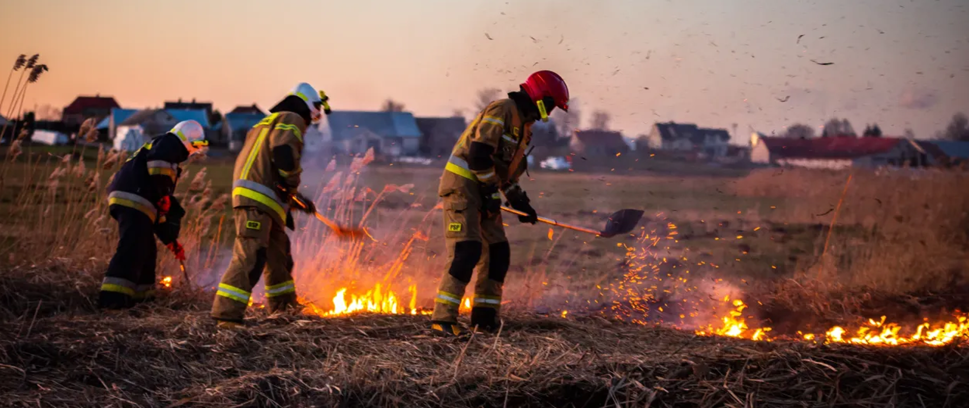 Gaszenie pożaru trawy przez trzech strażaków. 