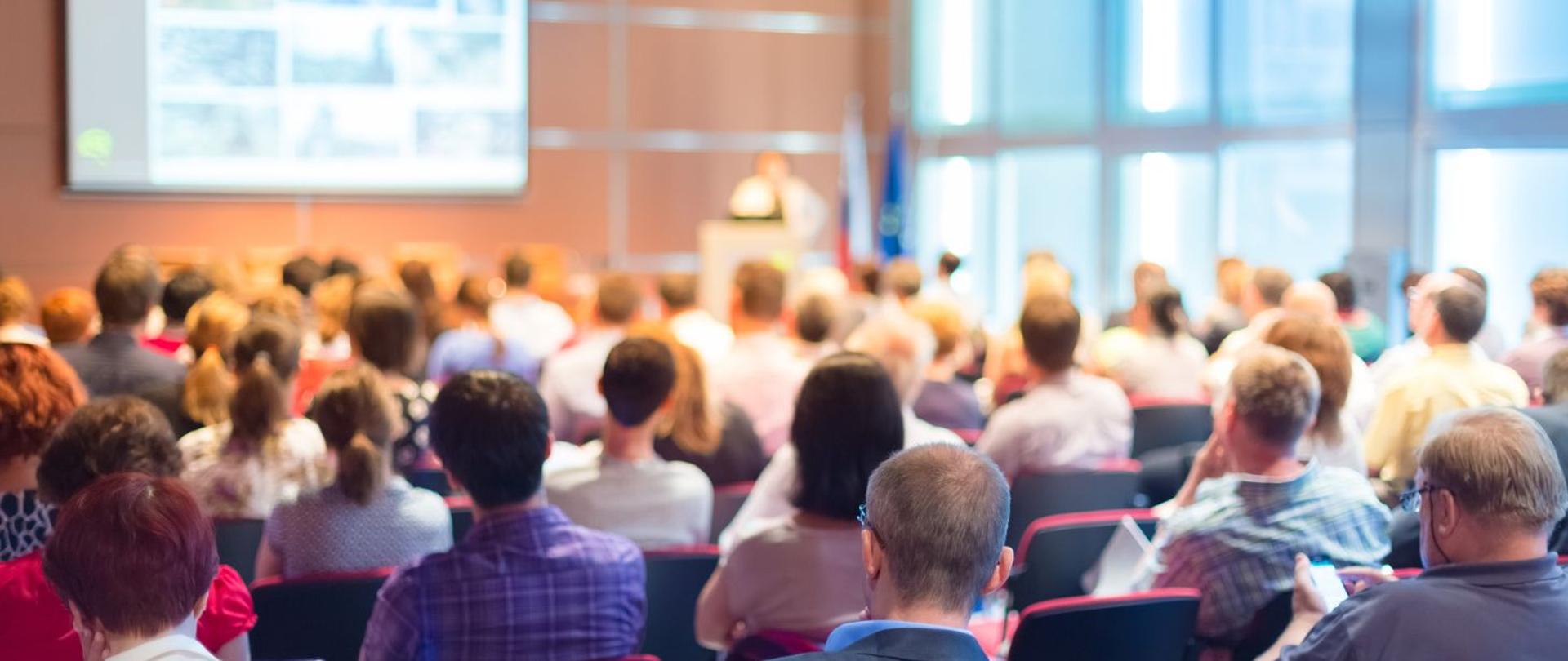 na zdjęciu widoczne są osoby, siedzące w sali konferencyjnej i słuchające wykładu. Na drugim planie widzimy rzutnik i osobę przemawiającą.
