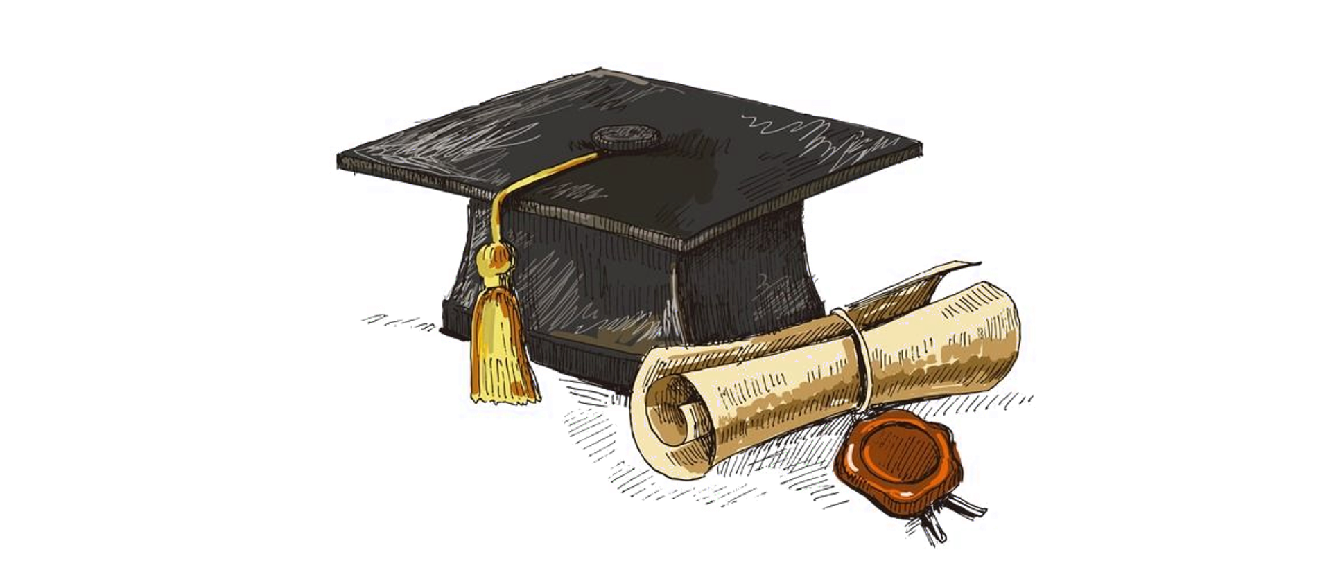 Grafika kolorowa. Czarny biret absolwenta z żółtym frędzlem. Obok niego zwinięty dyplom przewiązany wstążką, obok niego (prawdopodobnie) pieczęć.