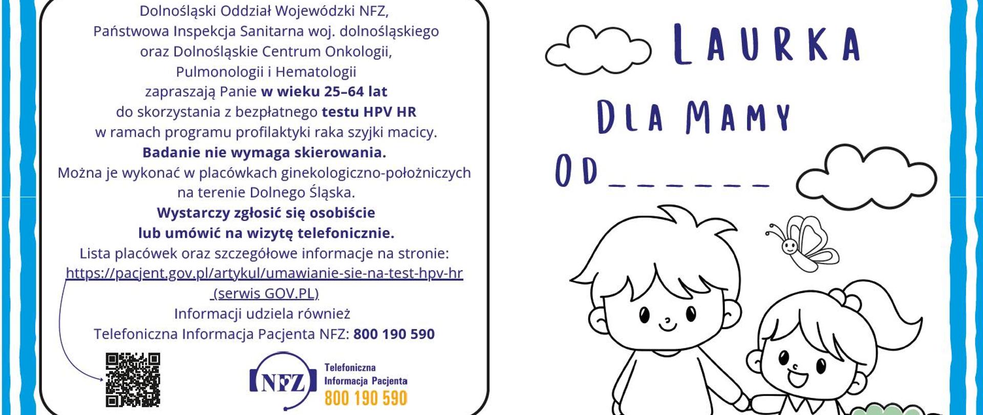 Badajcie się Drogie Mamy, bo my Dzieci Was Kochamy - Laurka dla mamy w formie rysunku dzieci spacerujących na łące. Zaproszenie Pań w wieku 25-64 lat do skorzystania z bepłatnego testu HPV HR