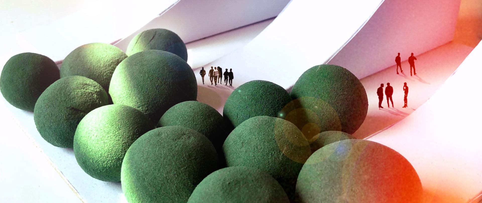 Makieta - na pierwszym planie 14 różnej wielkości kul imitujących drzewa, na drugim planie dwie grupy ludzi stojących pomiędzy trzema bryłami - wyglądającymi jak skocznie narciarskie - prezentującymi bryły architektoniczne