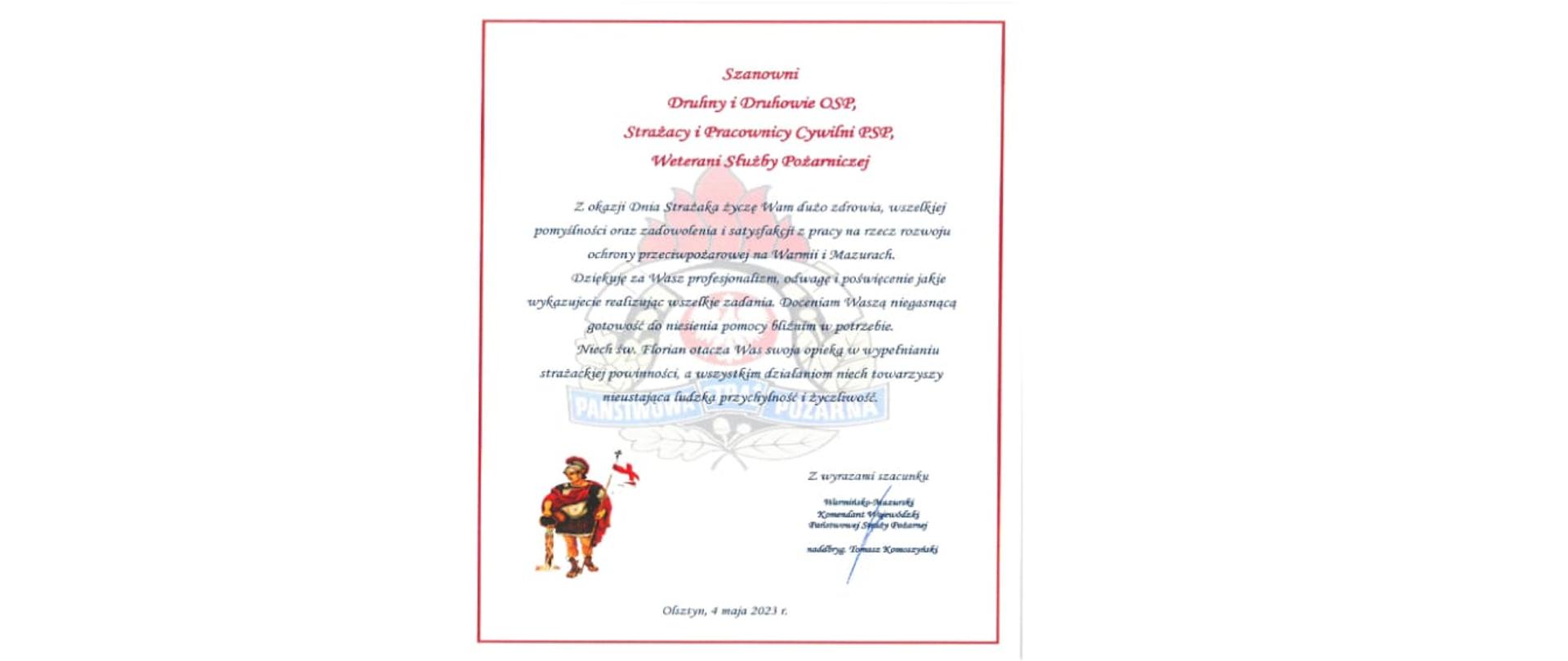 Życzenia Warmińsko-Mazurskiego Komendanta Wojewódzkiego PSP z okazji Dnia Straźaka