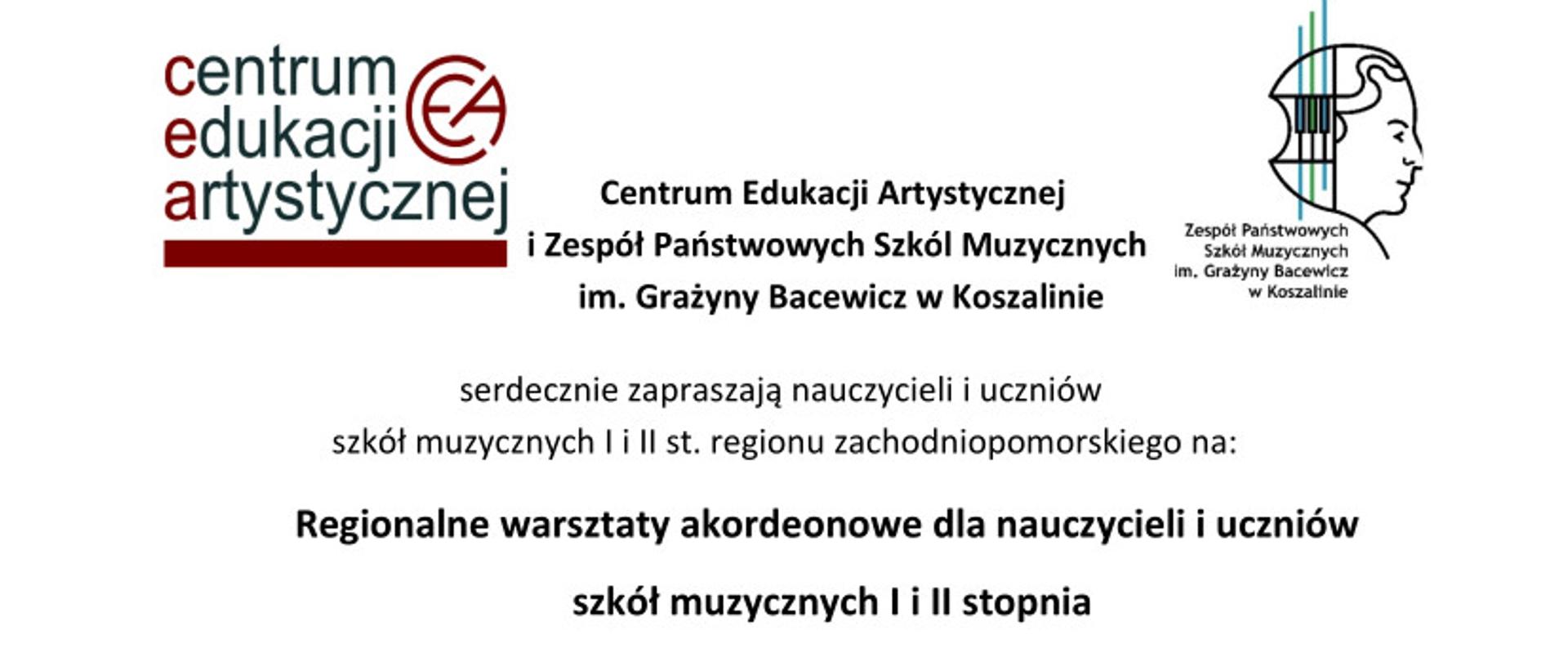 Logo CEA i ZPSM im. Grażyny Bacewicz w Koszalinie, białe tło, czarne napisy