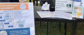 Na stoisku festynowym wyeksponowane plakaty oraz ulotki o tematyce propagującej szczepienia ochronne