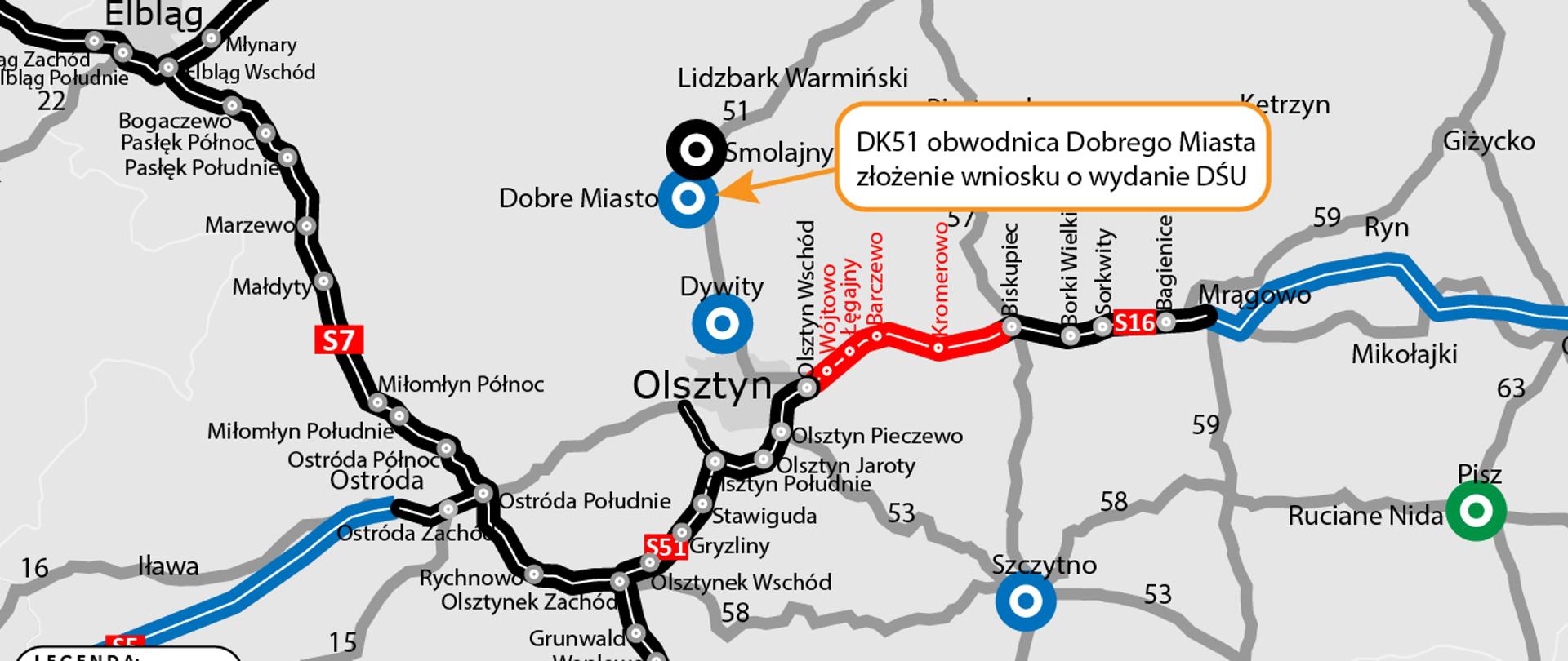 Mapa dróg krajowych w rejonie Olsztyna z zaznaczoną obwodnicą Dobrego Miasta (DK51) w przygotowaniu –pomarańczową ramka z informacją „złożenie wniosku o wydanie DŚU”. Widoczne są główne trasy S7, S16, S22 oraz legenda etapów inwestycji.