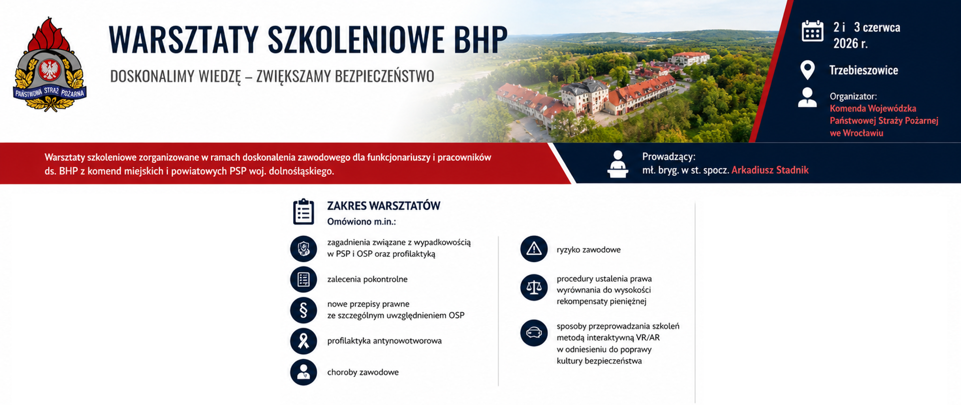 Grafika informacyjna zatytułowana „WARSZTATY SZKOLENIOWE BHP” z podhasłem „Doskonalimy wiedzę – zwiększamy bezpieczeństwo”. W prawym górnym rogu znajduje się zdjęcie lotnicze pałacu w Trzebieszowicach otoczonego zielenią oraz dane organizacyjne: data 2 i 3 czerwca 2026 r., miejsce Trzebieszowice, oraz organizator: Komenda Wojewódzka Państwowej Straży Pożarnej we Wrocławiu. Prowadzącym jest mł. bryg. w st. spocz. Arkadiusz Stadnik.