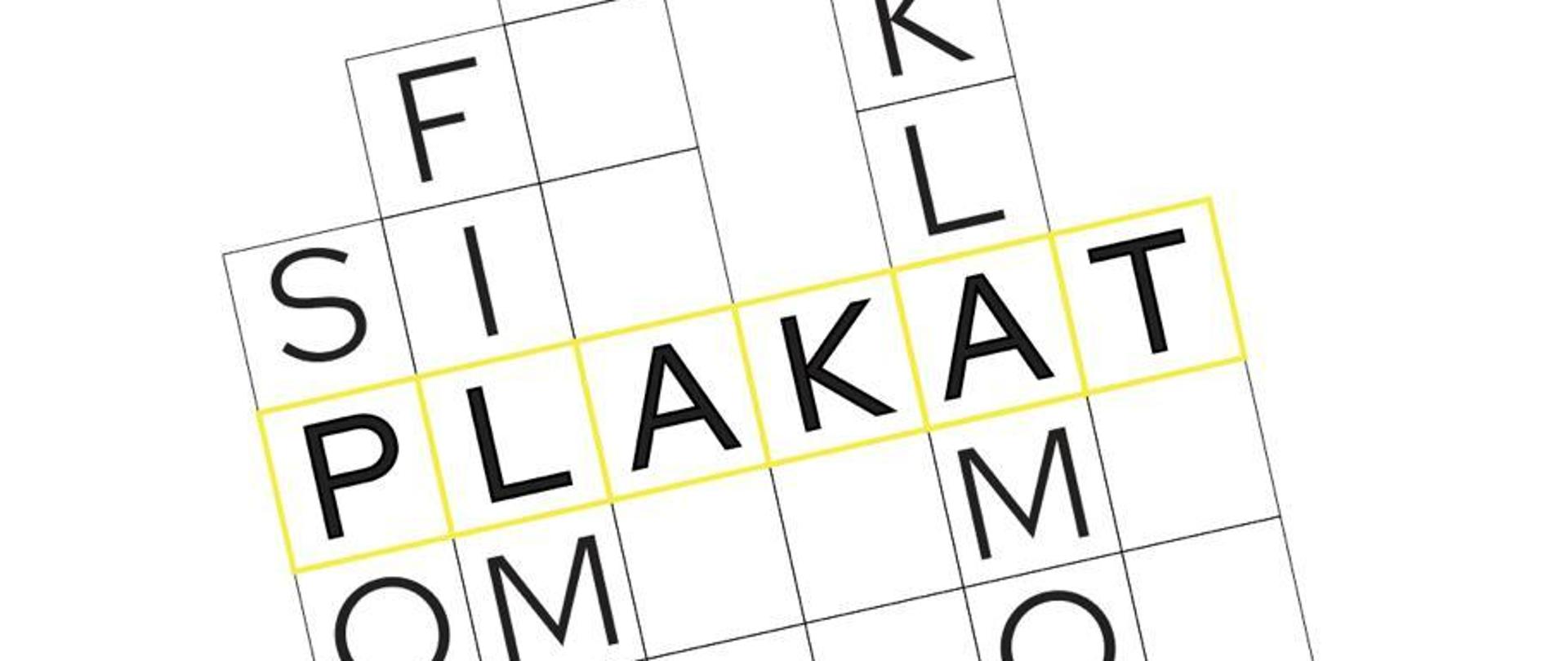 Plakat do wystawy, w formie krzyżówki, słowa układają się w tytuł wystawy: Plakat filmowy, reklamowy i społeczny