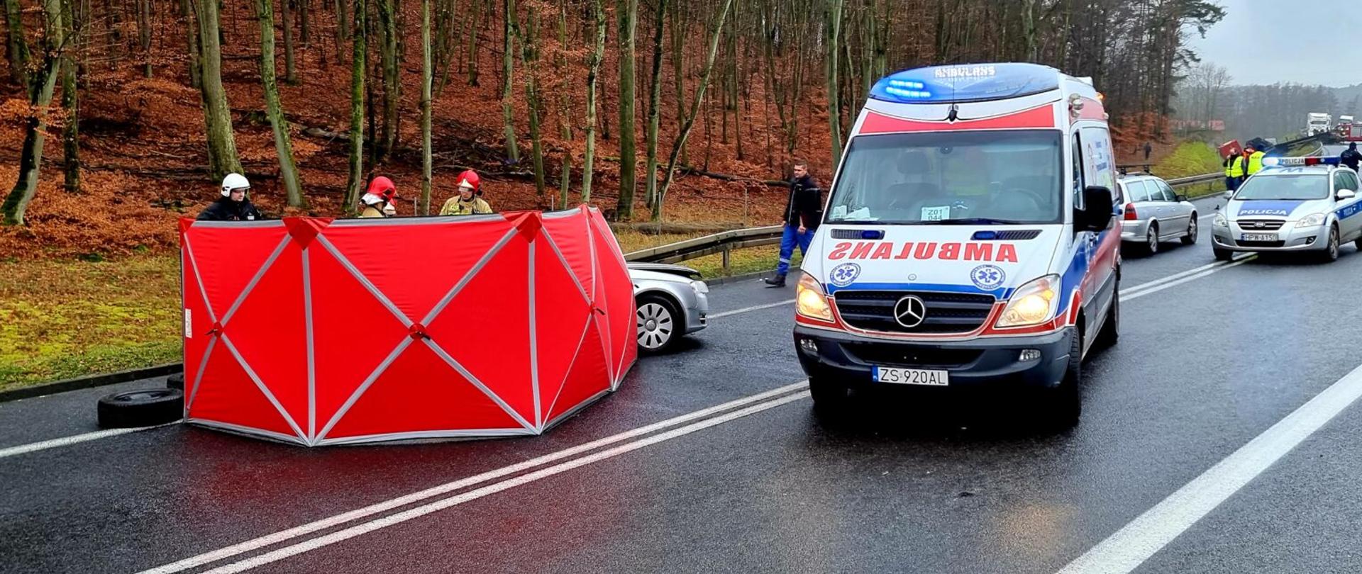 Zdjęcie przedstawia ZRM Czerwony parawan oraz pojazd policji