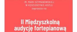 na czerwonym tle białe napisy informujące o audycji fortepianowej