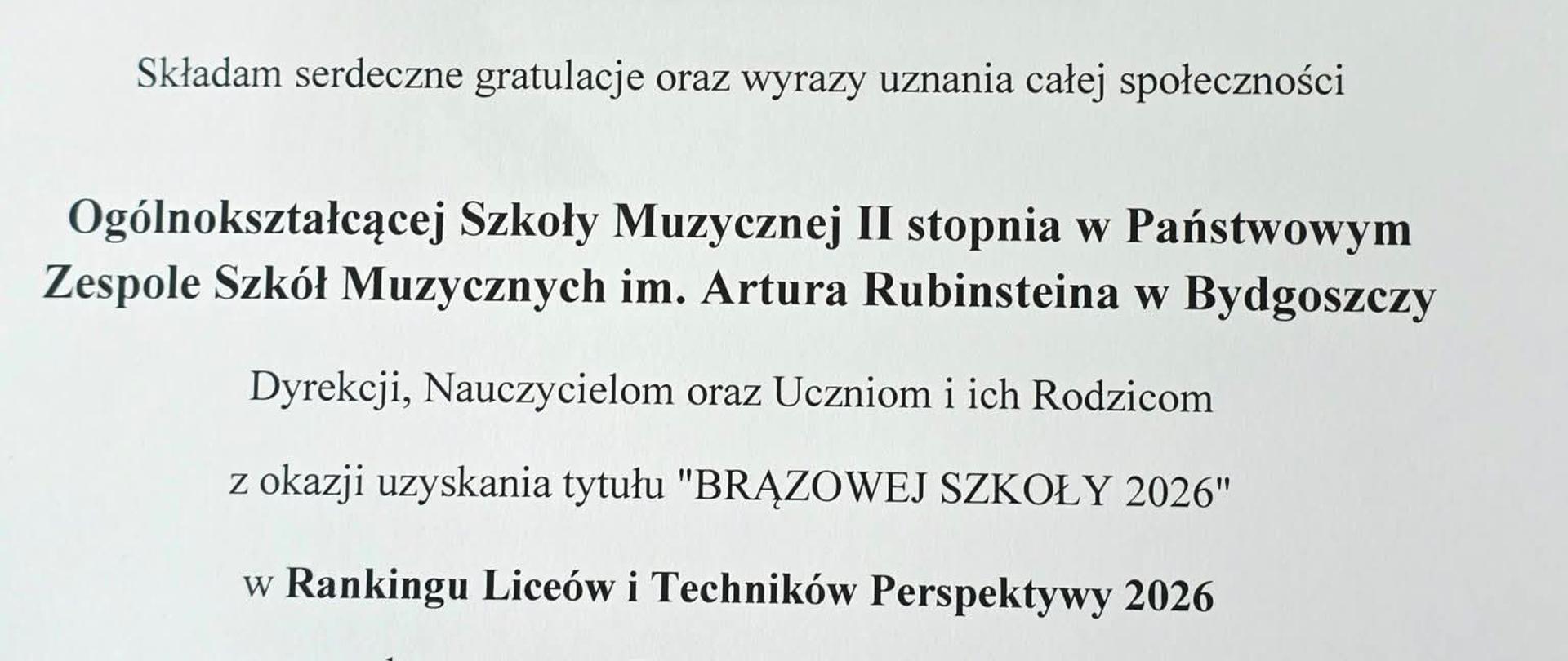 dyplom na biały tle przedstawia czarnymi literami zapisane gratulacje dla szkoły z okazji uzyskania tytułu Brązowej szkoły 2026