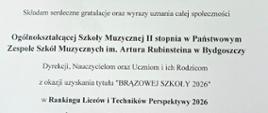 dyplom na biały tle przedstawia czarnymi literami zapisane gratulacje dla szkoły z okazji uzyskania tytułu Brązowej szkoły 2026
