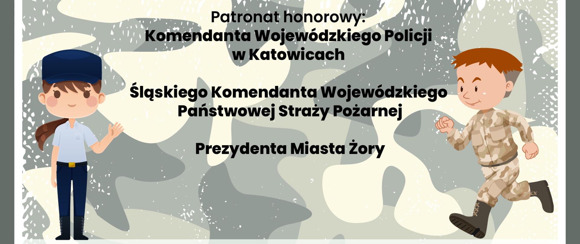 II Międzypowiatowa Olimpiada Bezpieczeństwa 16 września 2025 godz. 10:00 hala MOSiR
przed halą odbędzie się otwarty piknik profilaktyczny - zapraszamy wszystkich mieszkańców!
podczas imprezy zaprezentują się:
stanowisko profilaktyczne ze sprzętem policyjnym,
amerykańskie radiowozy oraz pojazdy stylizowane filmami,
6. Batalion powietrzno - desantowy,
służba wiezienna Jastrzębie Zdrój Szeroka,
Straż miejska Jastrzębie Zdrój
Stanowiska promocyjne sponsorów,
Patronat honorowy Komendanta Wojewódzkiego Policji w Katowiach
Śląskiego Komendandta Wojewódzkiego Państwowej Straży Pożarnej
Prezydenta Miasta Żory
W tle plakatu biegnący chłopiec w mundurze wojskowym po prawej oraz dziewczynka w mundurze policjantki po lewej. 