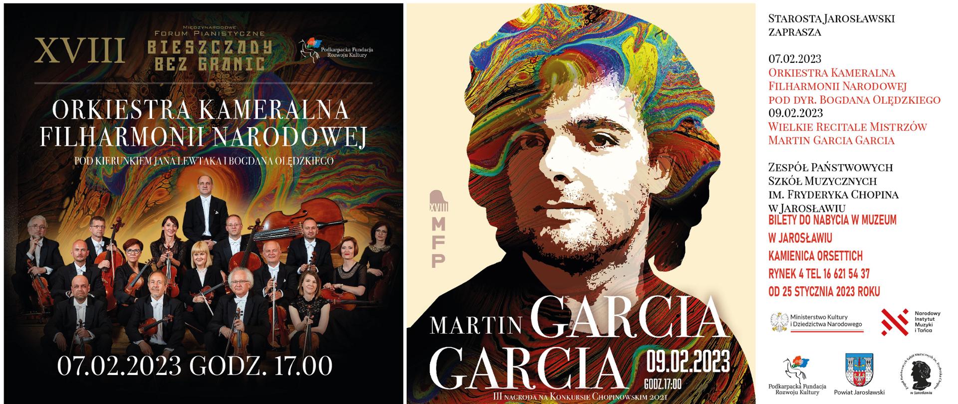 Baner złożony z dwóch plakatów reklamowych koncertów przeprowadzanych w ramach XVIII Międzynarodowego Forum Pianistycznego „Bieszczady bez granic” - 7 i 9 lutego.
Po lewej stronie banera plakat oparty na zdjęciu Orkiestry Kameralnej Filharmonii Narodowej pod kierunkiem dyr. Bogdana Olędzkiego, po prawej plakatu zaproszenie na koncert Martina Garcia Garcia - stylizowane zdjęcie artysty. Po prawej stronie na białym tle szczegółowe informacje, poniżej logo MKiDN oraz Narodowego Instytutu Muzyki i Tańca. Poniżej logotypy Podkarpackiej Fundacji Rozwoju Kultury, Powiatu Jarosławskiego oraz ZPSM im. F. Chopina w Jarosławiu