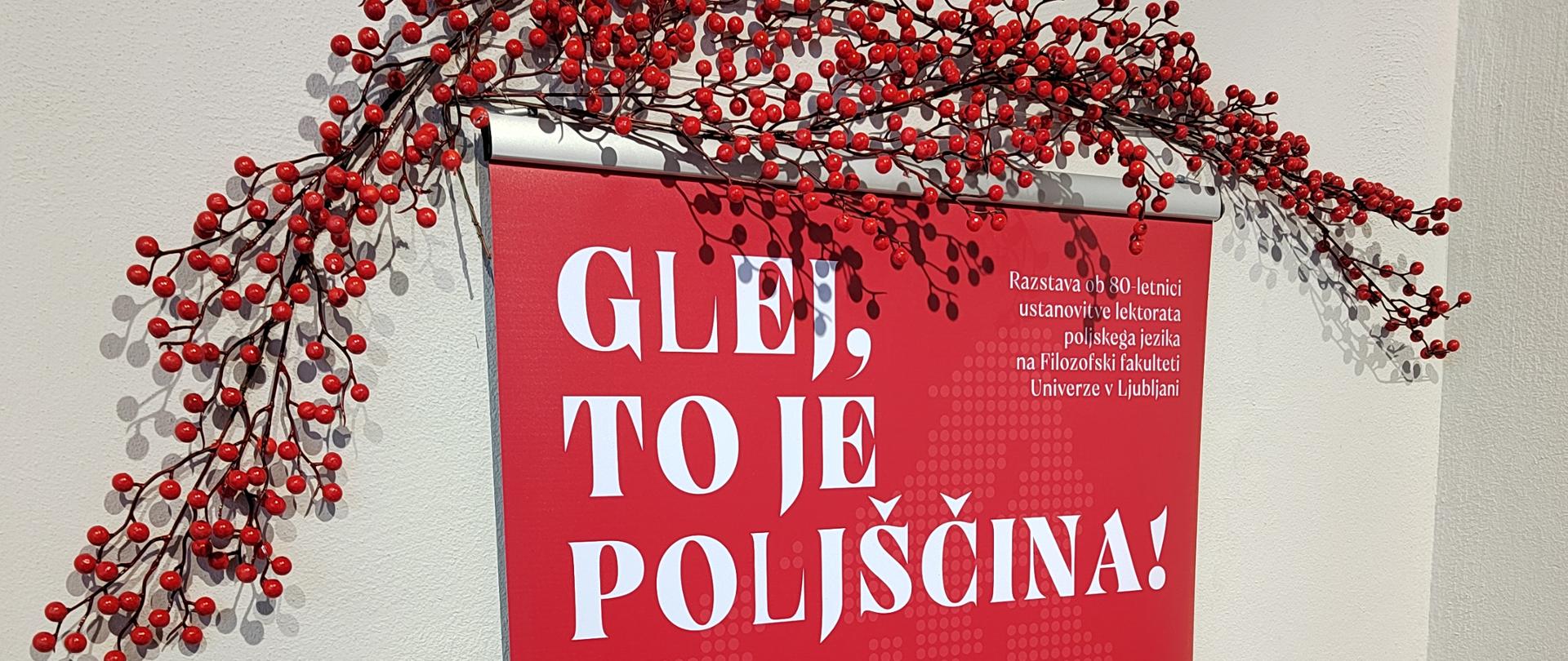 Rdeči naslovni pano razstave »Glej, to je poljščina!« v razstavnem prostoru. Pano krasi bel motiv cvetličnega srca, nad njim pa so vejice z rdečimi jagodami. Na mizi spodaj so informativna in izobraževalna gradiva o Poljski.