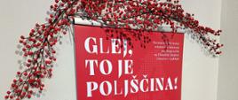 Rdeči naslovni pano razstave »Glej, to je poljščina!« v razstavnem prostoru. Pano krasi bel motiv cvetličnega srca, nad njim pa so vejice z rdečimi jagodami. Na mizi spodaj so informativna in izobraževalna gradiva o Poljski.