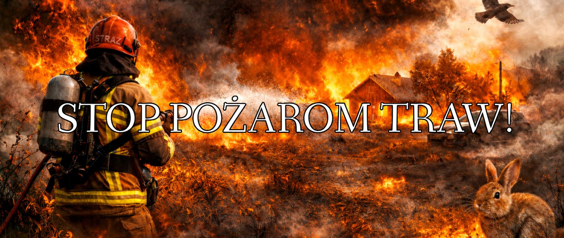 Cyfrowa grafika przedstawiająca pożar traw w otwartym polu w słoneczny dzień. Płomienie są wysokie, ogień rozprzestrzenia się po suchych trawach, a w tle widać niewielki las i błękitne niebo. W centrum grafiki umieszczony jest napis w kolorze czerwonym: STOP POŻAROM TRAW. Grafika ma charakter edukacyjny, pokazuje niebezpieczeństwo wypalania traw oraz apeluje o ochronę życia, zdrowia i środowiska.