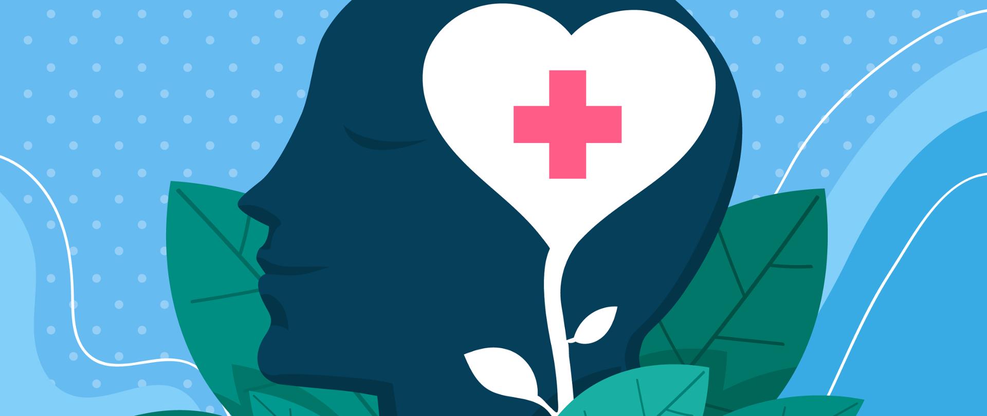 Zdjęcie nawiązuje do tematu zdrowia psychicznego. Przedstawia głowę z uśmiechniętą twarzą, która otoczona jest zielenią, co symbolizuje spokój ducha.