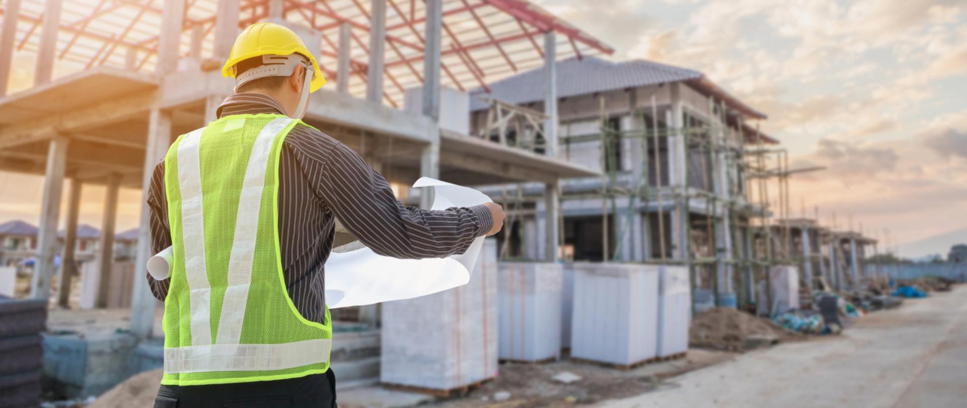 Robotnik budowlany sprawdza plany