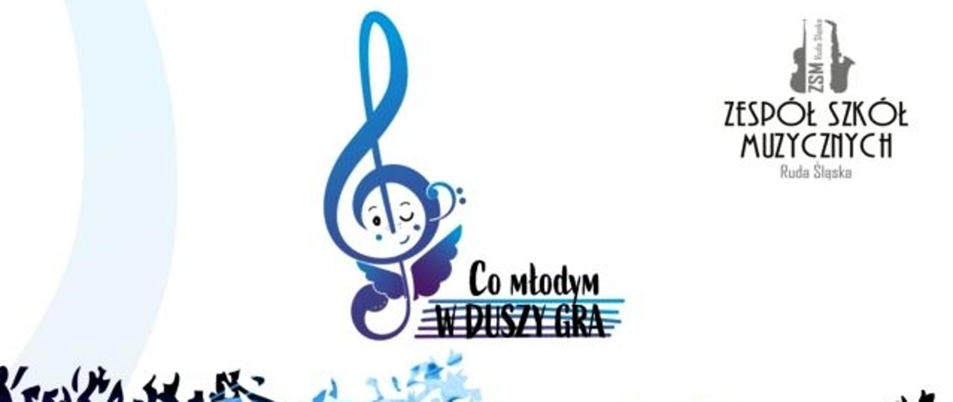 Grafika. Tło białe, na dole element niebieski graficzny - fragment skrzypiec. W górnym prawy rogu logo Zespołu Szkół Muzycznych w Rudzie Śląskiej. W środku logo konkursu.