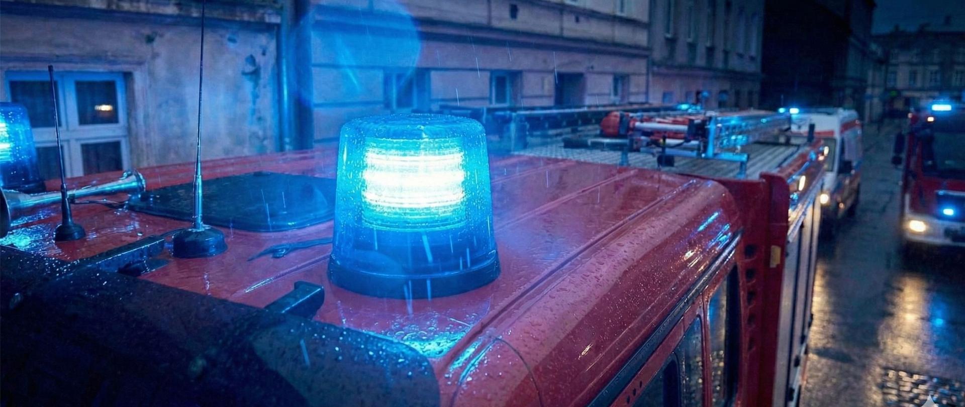 Zdjęcie poglądowe przedstawiające niebieskie światło błyskowe na dachu wozu strażackiego.