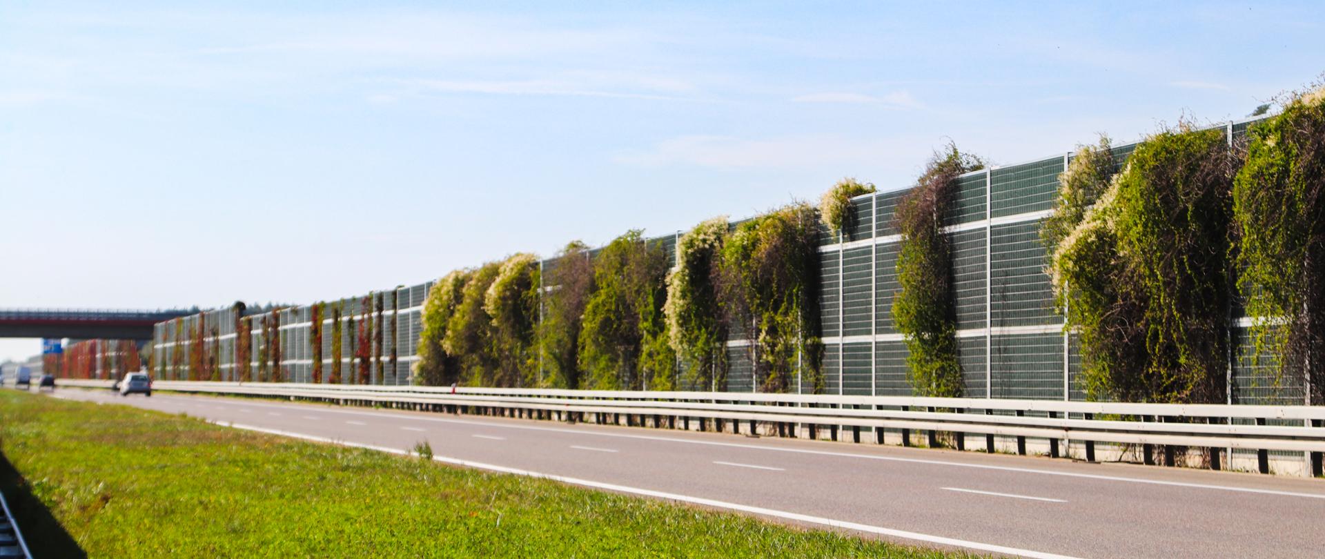 Zdjęcie przedstawia jezdnię dwupasmową i ekrany akustyczne pokryte zielenią.