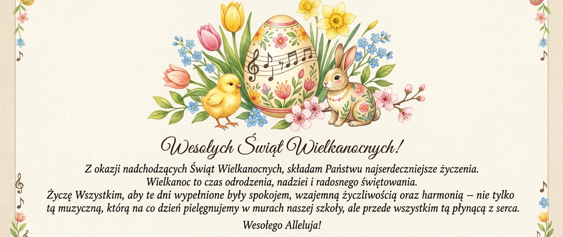 Grafika to jasnobeżowa kartka z życzeniami wielkanocnymi w klasycznym, delikatnym stylu. W centralnej części u góry znajduje się świąteczna ilustracja: duża pisanka ozdobiona motywem pięciolinii z kluczem wiolinowym i nutami. Jajko otoczone jest bukietem wiosennych kwiatów, takich jak żółte żonkile, różowe tulipany i niebieskie niezapominajki. Po lewej stronie pisanki stoi mały, puszysty żółty kurczaczek, a po prawej siedzi brązowy zajączek wielkanocny. W czterech rogach kartki znajdują się subtelne elementy dekoracyjne złożone z drobnych kwiatów, małych kolorowych pisanek oraz pojedynczych symboli muzycznych (nut i kluczy wiolinowych). Poniżej ilustracji umieszczono wyśrodkowany tekst życzeń.