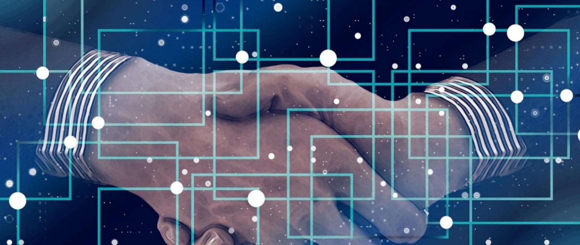 Uścisk dłoni na tle cyfrowej sieci z niebieskimi liniami i punktami.