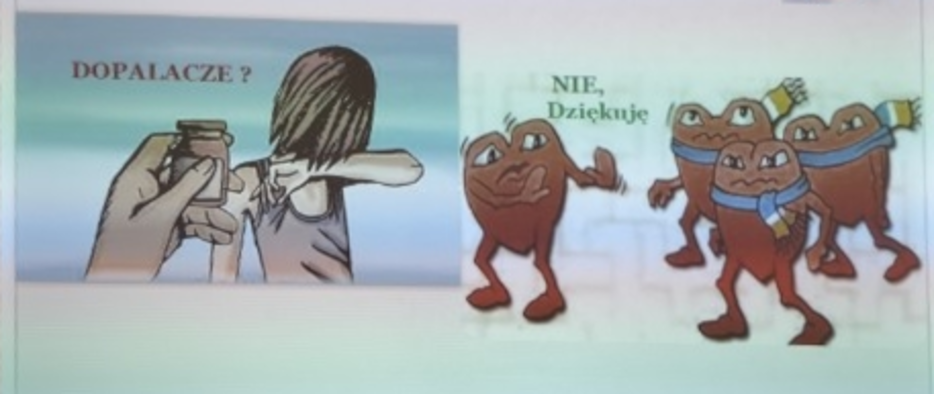 po lewej ręka częstująca dopalaczami i dziecko zasłaniające twarz, napis dopalacze? po prawej napis nie dziękuję i grafika serc 