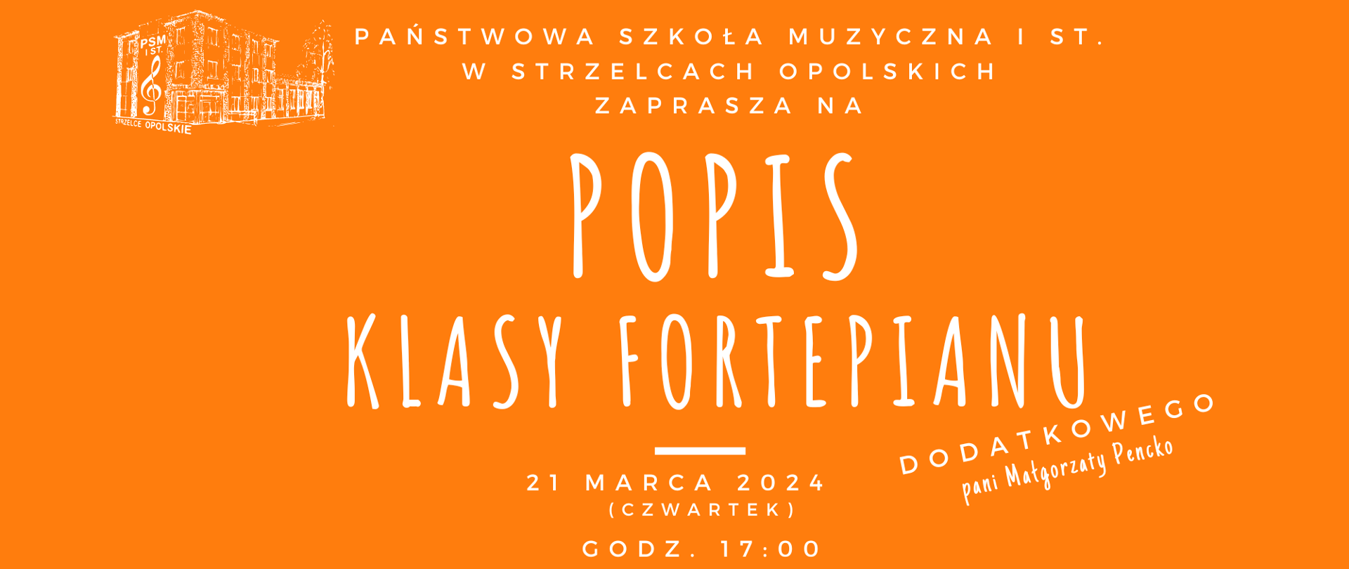 Pomarańczowe tło, klawisze, logo szkoły, zaprosze4nie na popis klasy fortepianu dodatkowego