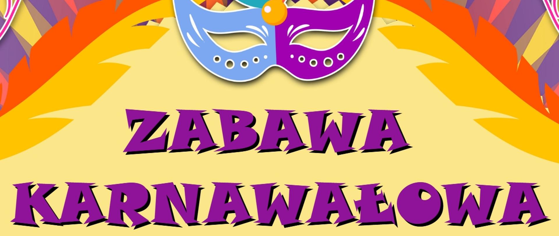 Grafika przedstawiająca w górnej części balony i na środku maskę karnawałową w odcieniach fioletu i błękitu. W dolnej części znajdują się czerwone balony i ikonografia konfetti. Środek plakatu w kolorze żółtym i z napisani fioletowo-błękitnymi następującej treści: "Zabawa karnawałowa odbędzie się 09.02.2023 r. o godz. 16.30 w auli szkoły. Serdecznie zapraszamy!". U dołu na środku znajduje się logo szkoły.