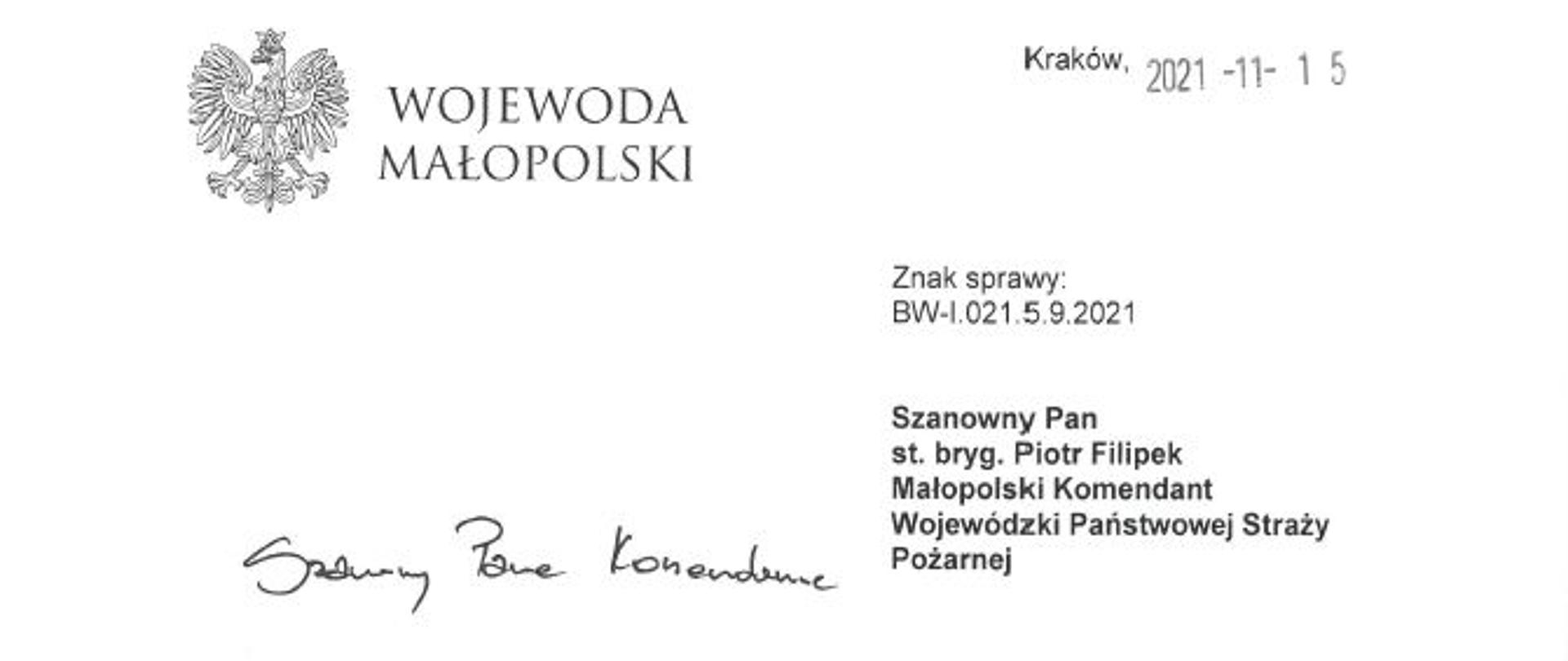 List Wojewody Małopolskiego z okazji Święta Niepodległości 