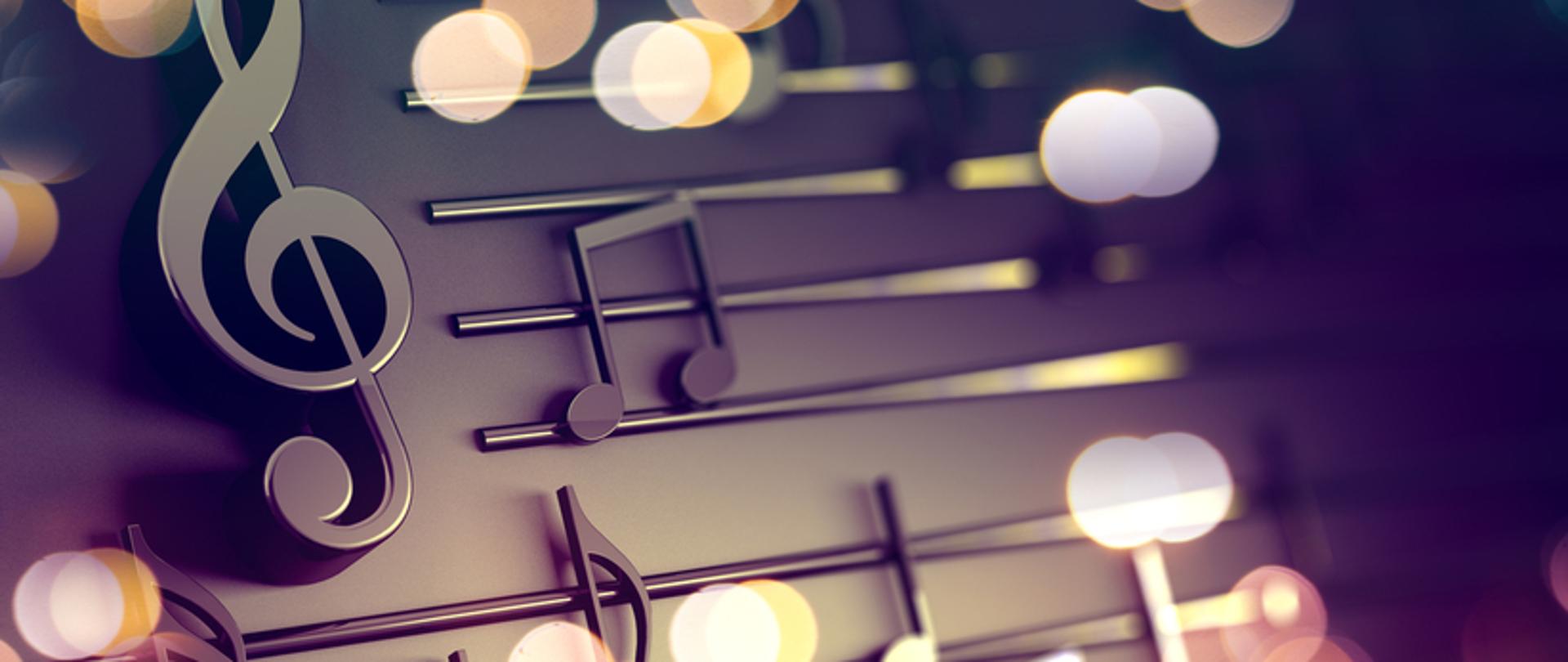 Klucz wiolinowy, pięciolinia i nuty efekt świetlny.