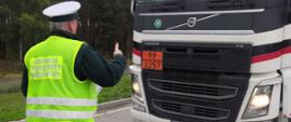 Inspektor lubuskiej Inspekcji Transportu Drogowego kontroluje stan techniczny (oświetlenie) ciężarówki przewożącej towary niebezpieczne (ADR).