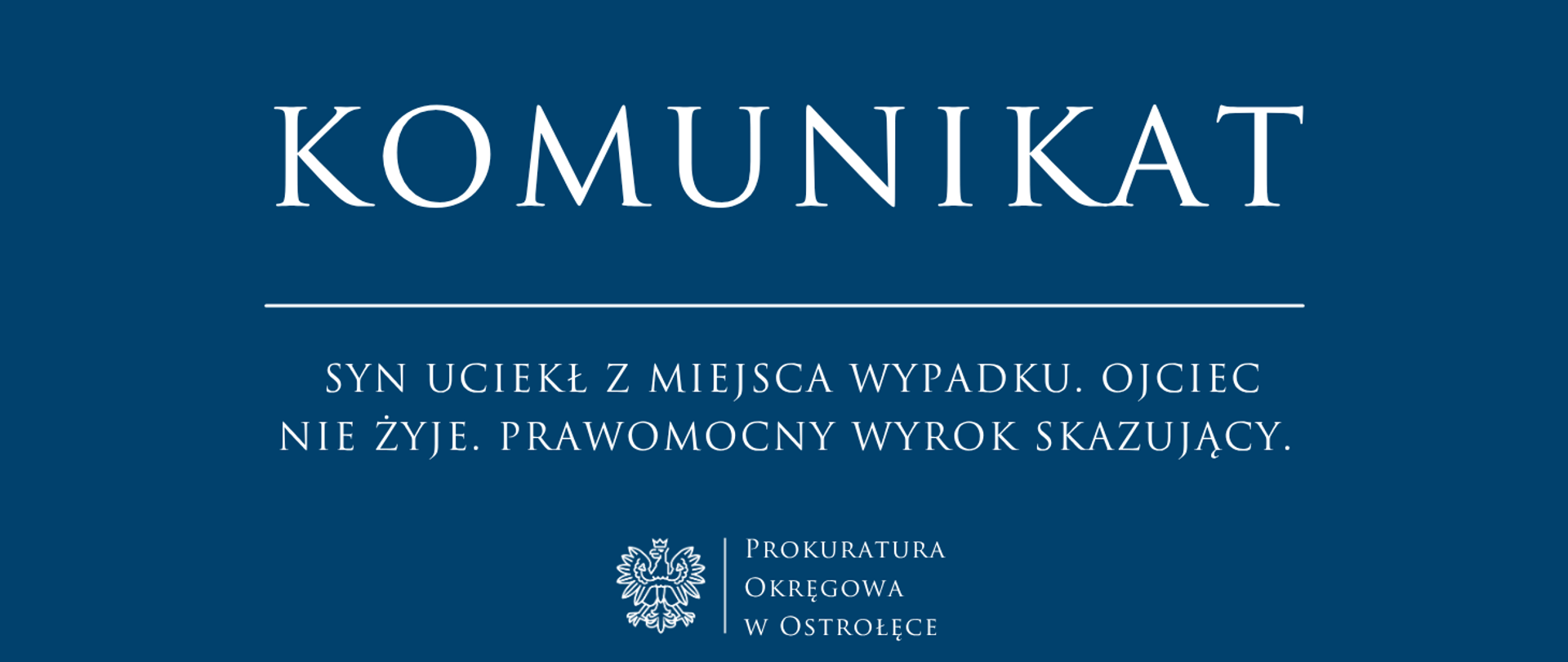 Biały napis Komunikat – SYN UCIEKŁ Z MIEJSCA WYPADKU. OJCIEC NIE ŻYJE. PRAWOMOCNY WYROK SKAZUJĄCY. na niebieskim tle.