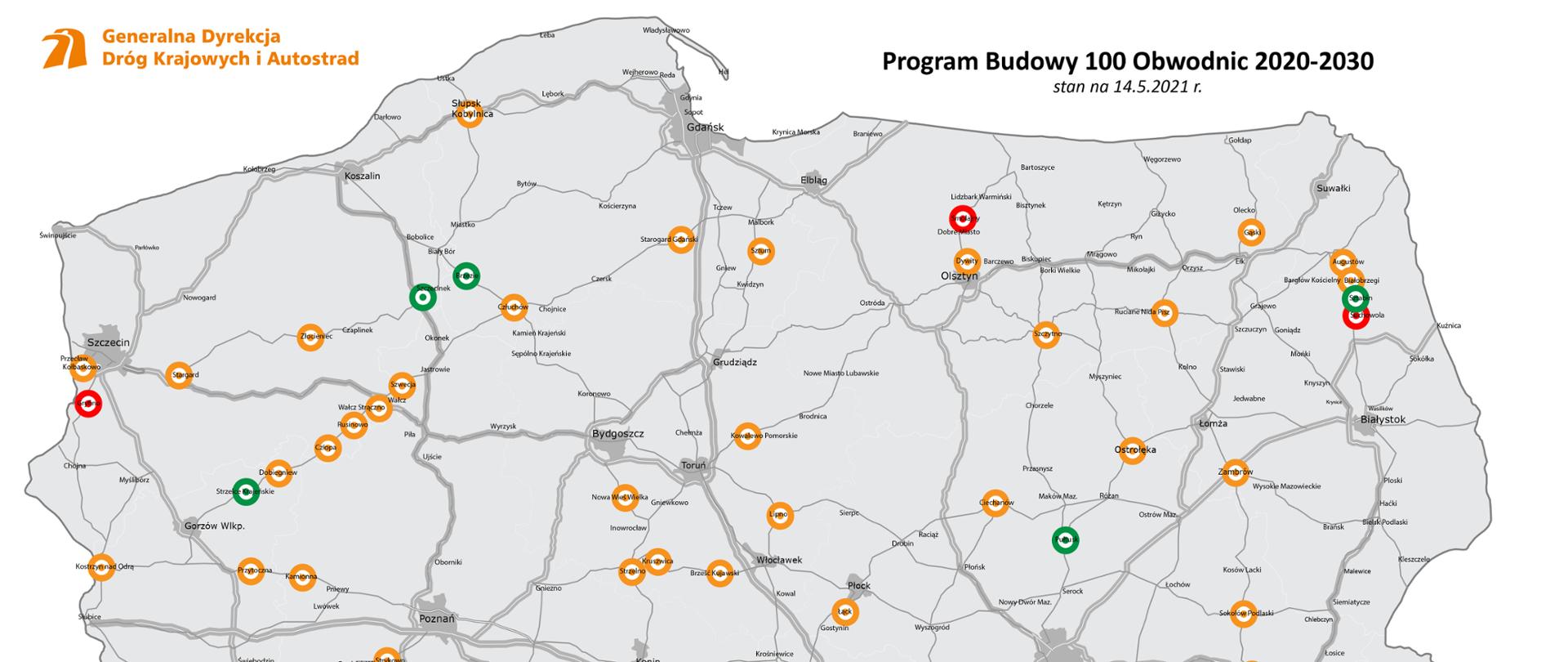 Mapa Polski ze stanem zaawansowania Programu Budowy 100 obwodnic na lata 2020 - 2030 