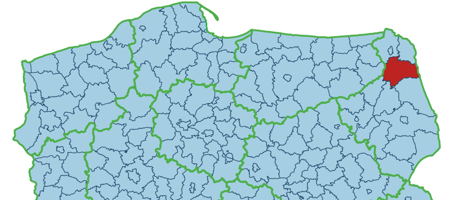 Ilustracja przedstawia Polskę z wyróżnionym powiatem augustowskim i m. Zamość, które nie posiadaja mozliwości elektronicznego zgłaszania prac geodezyjnych